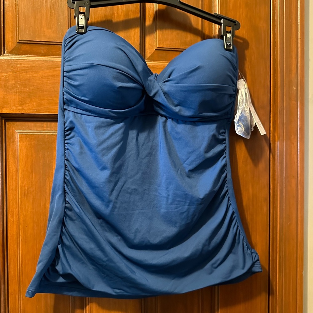 ANNE COLE Sea Blue Sweetheart Neck Ruched Twist Front Bandeau Swim Top